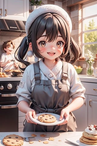 1girl and 1boy,3d,brown eyes,brown hair,korean,Generate an image of two kids baking cookies together in a festively decorated kitchen. Background: A kitchen filled with the smell of freshly baked cookies, colorful icing, and holiday-themed cookie cutters, happiness, smiling,