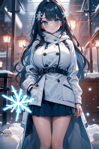 (((masterpiece))),(a beautiful girl,white coat,skirt,Big breasts),(snowflakes ,Snow cover,falling snow,night),(snowman)