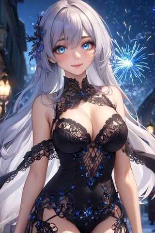 (((extremely detailed CG unity 8k wallpaper, masterpiece, best quality, ultra-detailed, best shadow))),(anime),(anime style) ,(beautiful detailed face, beautiful detailed eyes),(a beautiful girl, (Big breasts),wearing (black) with intricate lace details, laced dress, laced shoulder,sheer black stockings,White hair), (Beautiful blue eyes,soft expression,Depth and Dimension in the Pupils,So beautiful eyes that, Has deep clear eyes,detailed eyelashes,mesmerizing iris colors),(Snow cover,night_sky ,fireworks),(breast focus),(breasts out:1.3), (detailed background), (best illumination, an extremely delicate and beautiful), female_solo,dramatic lighting,dynamic angle,beautiful detailed glow,dynamic action,(full body:1.5), street,