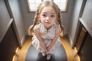 Envision a cute little girl, with blonde hair, blue eyes, ((kiss pose)), wearing 2 golden star earrings, white clothes, cheongsam with golden thread embroidery, steel chestpad, holding a face mask with the right hand, symmetrical, looking up, ((adorable expression)), full body, hair strand, Fair skin, glistening, 2 side braids, best quality, masterpiece, sharp focus, super detailed, 8k, high angle photo, close up, high contrast, (((tween, preteen, 7-year-old, 4k))), AIDA_LoRA_AnC, ((looking up her clothes)), 