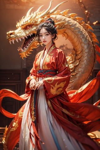 masterpiece, top quality, best quality, official art, beautiful and aesthetic:1.2), (1girl:1.3), 1 girl, blue hair, hanfu fashion, chinese dragon, eastern dragon, golden line, (red theme:1.6), volumetric lighting, ultra-high quality, photorealistic, sky background, hanfu,