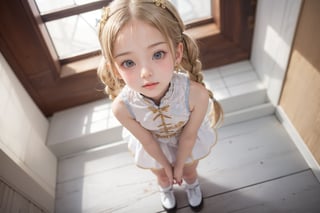 Envision a cute little girl, with blonde hair, blue eyes, ((kiss pose)), wearing 2 golden star earrings, white clothes, cheongsam with golden thread embroidery, steel chestpad, holding a face mask with the right hand, symmetrical, looking up, ((adorable expression)), full body, hair strand, Fair skin, glistening, 2 side braids, best quality, masterpiece, sharp focus, super detailed, 8k, high angle photo, close up, high contrast, (((tween, preteen, 7-year-old, 4k))), AIDA_LoRA_AnC, ((looking up her clothes)), 