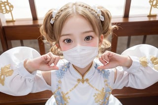 Envision a cute little girl, with blonde hair, blue eyes, ((kiss pose)), wearing 2 golden star earrings, white clothes, cheongsam with golden thread embroidery, steel chestpad, holding a face mask with the right hand, symmetrical, looking up, ((adorable expression)), full body, hair strand, Fair skin, glistening, 2 side braids, best quality, masterpiece, sharp focus, super detailed, 8k, high angle photo, close up, high contrast, (((tween, preteen, 7-year-old, 4k))), AIDA_LoRA_AnC, ((looking up her clothes)), 