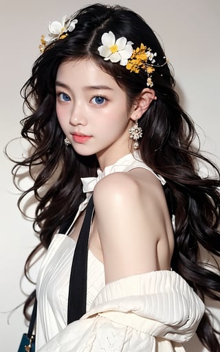 Masterpiece, best quality, official art, highly realistic, (masterpiece), (best quality), (1girl, most beautiful korean girl, Korean beauty model, stunningly beautiful girl, gorgeous girl, 20yo, over sized eyes, big eyes, smiling, looking at viewer), black big eyes, bangs, (powder blusher), shoulder length hair, yellow hair, flower hair clips, (blue sweater, shirt collar), small chest, pink shoulder bag, Upper body close-up with white background,Daofa Rune,Fashion Style, ,masterpiece