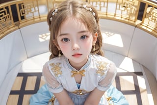 Envision a cute little girl, with blonde hair, blue eyes, ((kiss pose)), wearing 2 golden star earrings, white clothes, cheongsam with golden thread embroidery, steel chestpad, holding a face mask with the right hand, symmetrical, looking up, ((adorable expression)), full body, hair strand, Fair skin, glistening, 2 side braids, best quality, masterpiece, sharp focus, super detailed, 8k, high angle photo, close up, high contrast, (((tween, preteen, 7-year-old, 4k))), AIDA_LoRA_AnC, ((looking up her clothes)), 