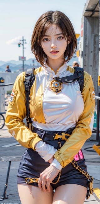 (Teen girl:1.3), (caucasian girl:1.3), ((extremely beautiful and sexy girl)), (godess hot girl), hand on hip, looking at viewer, cowboy shot, ((Tracer (overwatch))), aahana, (orange-colored eye shield), shoulder pads, (upper body is brown jacket, lower body is yellow bodysuit), long sleeves, (black gloves), very short brown hair, brown eyes, looking at viewer, freckles, smile, (cheeky), blushed, parted lips, (glossy lips:1.3), (gigantic breasts:1.3), wide hips, well sunlit, (masterpiece:1.5), (intricate details), best quality, (high resolution), (unity 8k wallpaper), (illustration:0.8), (extremely detailed face), (perfect lighting), (extremely detailed CG), ((perfect hands, perfect anatomy)), ,Breast Expansion, ,bound,Realism,Portrait