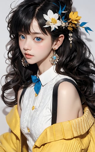 Masterpiece, best quality, official art, highly realistic, (masterpiece), (best quality), (1 girl), black big eyes, bangs, (powder blusher), shoulder length hair, yellow hair, flower hair clips, (blue sweater, shirt collar), small chest, pink shoulder bag, Upper body close-up with white background,Daofa Rune,Fashion Style, 