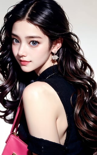 Masterpiece, best quality, official art, highly realistic, (masterpiece), (best quality), (1girl, most beautiful korean girl, Korean beauty model, stunningly beautiful girl, gorgeous girl, 20yo, over sized eyes, big eyes, smiling, looking at viewer), black big eyes, bangs, (powder blusher), shoulder length hair, yellow hair, flower hair clips, (blue sweater, shirt collar), small chest, pink shoulder bag, Upper body close-up with white background,Daofa Rune,Fashion Style, 