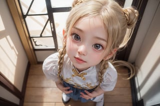 Envision a cute little girl, with blonde hair, blue eyes, ((kiss pose)), wearing 2 golden star earrings, white clothes, cheongsam with golden thread embroidery, steel chestpad, holding a face mask with the right hand, symmetrical, looking up, ((adorable expression)), full body, hair strand, Fair skin, glistening, 2 side braids, best quality, masterpiece, sharp focus, super detailed, 8k, high angle photo, close up, high contrast, (((tween, preteen, 7-year-old, 4k))), AIDA_LoRA_AnC, ((looking up her clothes)), 