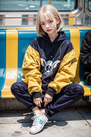 yellow_jacket, 1girl,  oversized_clothes , white_hair , sneakers , sitting inside a subway