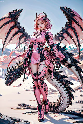 1girl, solo, big eyes, beautiful korean girl, big breasts, looking at viewer, short hair, dress, medium breasts, tail, laughing smiling facial, full body, pink hair, ahoge, wings, horns, pink eyes, bodysuit, pink dress, dragon tail, mecha musume, mechanical wings, mechanical tail
