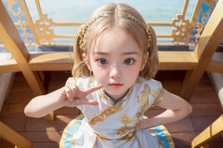 Envision a cute little girl, with blonde hair, blue eyes, ((kiss pose)), wearing 2 golden star earrings, white clothes, cheongsam with golden thread embroidery, steel chestpad, holding a face mask with the right hand, symmetrical, looking up, ((adorable expression)), full body, hair strand, Fair skin, glistening, 2 side braids, best quality, masterpiece, sharp focus, super detailed, 8k, high angle photo, close up, high contrast, (((tween, preteen, 7-year-old, 4k))), AIDA_LoRA_AnC, ((looking up her clothes)), 