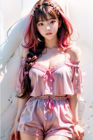 1girl, most beautiful korean girl, stunningly beautiful girl, gorgeous girl, 20yo, over sized eyes, big eyes, smiling, looking at viewer, solo, long hair, breasts, blush, bangs, blue eyes, large breasts, brown hair, shirt, black hair, white background, ribbon, cleavage, medium breasts, very long hair, collarbone, hair ribbon, pink hair, braid, short sleeves, thighs, multicolored hair, cowboy shot, virtual youtuber, off shoulder, two-tone hair, thigh gap, t-shirt, no pants, clothes writing, arm behind back, pink shirt, naked shirt, split-color hair,txznf