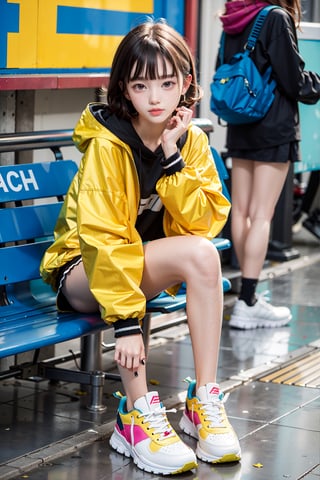 yellow_jacket, 1girl,  oversized_clothes , white_hair , sneakers , sitting inside a subway,Realism