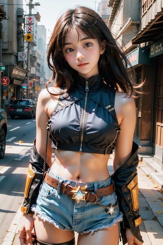 (masterpiece)In autumn, a super beautiful korean 18-year-old kunoichi with medium wavy hair, 1 girl, most beautiful korean girl, Korean beauty model, idol face, gorgeous girl, an extremely cute and beautiful girl, highly detailed beautiful face and eyes, over sized eyes, big eyes, smiling, 18yo, looking at viewer, ((Cowboy Shot: 1.5)), white, ninja open clothes, sleeveless, sexy and attractive, black armors, surrealism, chiaroscuro, colorful movie lights , Lens Flare, From Outside, Ultra HD, cyberpunk , Textured Skin, High Detail, High Resolution, cbpkv5