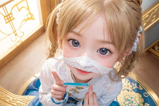 Envision a cute little girl, with blonde hair, blue eyes, ((kiss pose)), wearing 2 golden star earrings, white clothes, cheongsam with golden thread embroidery, steel chestpad, holding a face mask with the right hand, symmetrical, looking up, ((adorable expression)), full body, hair strand, Fair skin, glistening, 2 side braids, best quality, masterpiece, sharp focus, super detailed, 8k, high angle photo, close up, high contrast, (((tween, preteen, 7-year-old, 4k))), AIDA_LoRA_AnC, ((looking up her clothes)), 