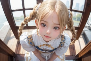 Envision a cute little girl, with blonde hair, blue eyes, ((kiss pose)), wearing 2 golden star earrings, white clothes, cheongsam with golden thread embroidery, steel chestpad, holding a face mask with the right hand, symmetrical, looking up, ((adorable expression)), full body, hair strand, Fair skin, glistening, 2 side braids, best quality, masterpiece, sharp focus, super detailed, 8k, high angle photo, close up, high contrast, (((tween, preteen, 7-year-old, 4k))), AIDA_LoRA_AnC, ((looking up her clothes)), 