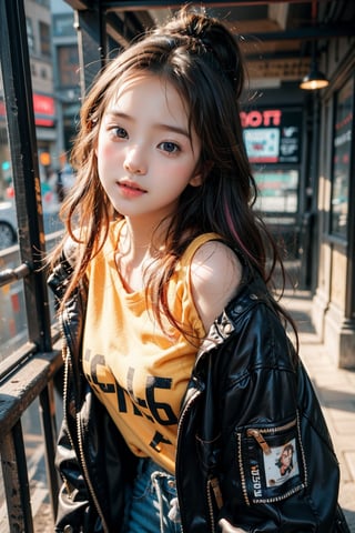 1girl, most beautiful korean girl, Korean beauty model, stunningly beautiful girl, gorgeous girl, 20yo, over sized eyes, big eyes, smiling, looking at viewer, dark gothic cyberpunk woman, defiant face, pastel colors, in clothes, colorful hair, light yellow sweatshirt, pants, black, with pink, guns hd, high detail, huoshen, TheLastOfUs, mgln,masterpiece