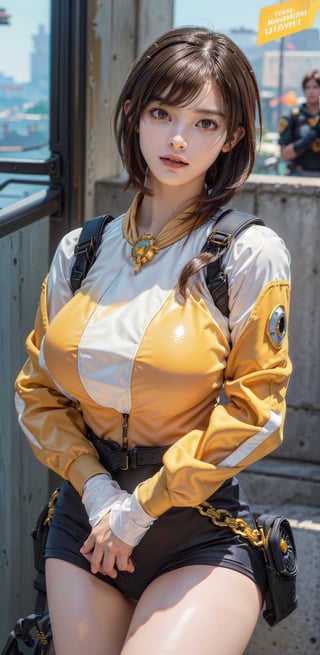 (Teen girl:1.3), (caucasian girl:1.3), ((extremely beautiful and sexy girl)), (godess hot girl), hand on hip, looking at viewer, cowboy shot, ((Tracer (overwatch))), aahana, (orange-colored eye shield), shoulder pads, (upper body is brown jacket, lower body is yellow bodysuit), long sleeves, (black gloves), very short brown hair, brown eyes, looking at viewer, freckles, smile, (cheeky), blushed, parted lips, (glossy lips:1.3), (gigantic breasts:1.3), wide hips, well sunlit, (masterpiece:1.5), (intricate details), best quality, (high resolution), (unity 8k wallpaper), (illustration:0.8), (extremely detailed face), (perfect lighting), (extremely detailed CG), ((perfect hands, perfect anatomy)), ,Breast Expansion, ,bound,Realism