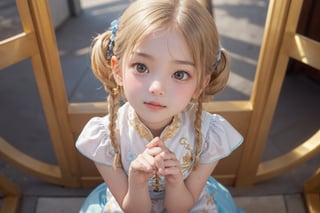 Envision a cute little girl, with blonde hair, blue eyes, ((kiss pose)), wearing 2 golden star earrings, white clothes, cheongsam with golden thread embroidery, steel chestpad, holding a face mask with the right hand, symmetrical, looking up, ((adorable expression)), full body, hair strand, Fair skin, glistening, 2 side braids, best quality, masterpiece, sharp focus, super detailed, 8k, high angle photo, close up, high contrast, (((tween, preteen, 7-year-old, 4k))), AIDA_LoRA_AnC, ((looking up her clothes)), 