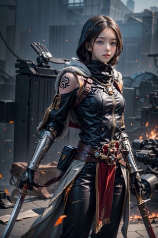 (1girl:1.3),formal dress,Oriwarrior,CUTE,streamlined mecha,sword,holding,holding a knife,realistic,solo,polearm,male focus,hood,holding weapon,dancing with a knife and a gun,kung fu,weapon,sword,(((tattoo))),smoke,looking at viewer,sheath,sleeve sword,holding weapon,cigarette,pants,scar,simple background,(single mechanical arm:1.6),(movement posture,combat posture:1.2),wind,(flying clothes:1.4),assassin's creed \(series\),((assassin hood)),(fluttering scarf),masterpiece,best quality,unreal engine 5 rendering,movie light,movie lens,movie special effects,detailed details,HDR,UHD,8K,CG wallpaper,l4tex4rmor,EDGADEPTA,Realism