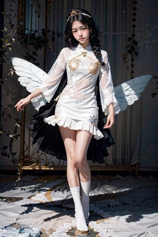 Gloves, Single, Braid, White Gloves, Wings, Fairy, Single, Flower, Fairy Wings, Long Hair, Hair Accessories, Hair Flower, White Dress, Butterfly Wings, Single, Skirt, Socks, Shoes, Brown Hair, Pleated Skirt, Knee Length, Sweater Bottoms, Watching the Audience, Black Shoes, White Socks, Full Length, Realistic, Long Sleeves, Brown Eyes, Mini Dress, Lips, Medium Hair, Bangs masterpiece, (best quality), Amazing, beautiful detailed eyes,((((1girl)))), finely detailed, Depth of field, extremely detailed CG unity 8k wallpaper,(((((full body))))),(((cute animal face))), (((a girl wears Clothes Black and white Taoist robes))),((Extremely gorgeous magic style)),((((gold and silver lace)))),(((flowing lace))),(((flowing ((black)) and white background))),(((((gorgeous detailed eyes))))),(((((((gorgeous detail face))))))),((floating hair)),(((Pick and dye black hair in white hair))),(((flowing transparent black))),(((flowing transparent white))),(((((ink))))),((((small breast)))),(((extremely detailed gorgeous tiara))),(((black and white hair))),((black hair stick)),((white hair ornament)),((gold gorgeous necklace)),((flowing hair)),(((The picture fills the canvas))),((The character is in the center of the frame)),(((flowing))),((bright pupils)),((((melt)))),(((((black and white melt))))),asian,Realism,japanese