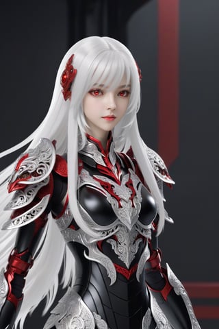 front_view, (1girl, looking at viewer), white long hair, black metalic mechanical_armor, dynamic pose, delicate white filigree, intricate filigree, red metalic parts, intricate armor, detailed part