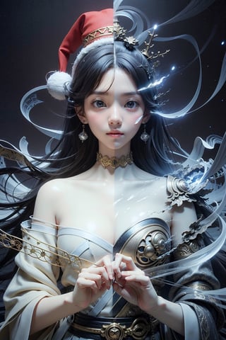  1girl, artist name, gem, glowing, jewelry, long hair, looking at viewer, magic, (christmas hat), artist name, aurora, choker, constellation, embers, light particles, tutututu, hand101,perfect light, beautiful Korean 18yo girl, idol face, gorgeous girl, {beautiful and detailed eyes}, {normal limbs and fingers}, ((accurate hands without incongruity)), Golden ratio, perfect body ratio, The face of a young actress in korea, high details, High quality, beauty face, perfect face,  
beautiful accurate face (eyes, nose and mouth), medium_breasts, Detailed face, Detailed eyes, perfect foot, perfect hand, perfect fingers, Clean facial skin, slim and perfect body, Glamor body type, film grain, realhands, looking at viewer