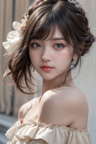 (RAW photo, best quality), (realistic, photo-Realistic:1.3), best quality, (masterpiece, best quality, photorealistic), 1girl, black hair, brown eyes, small boobs, detailed skin, pore, lovely expression, close mouth, white off shoulder, upper body, beauty model, beige plain background, Detailedface, Realism, Epic ,Female, Portrait, Raw photo, Photography, Photorealism,SGBB,alluring_lolita_girl,Young beauty spirit ,little_cute_girl,Bomi,Makeup,Realism,midjourney