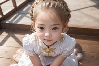 Envision a cute little girl, with blonde hair, blue eyes, ((kiss pose)), wearing 2 golden star earrings, white clothes, cheongsam with golden thread embroidery, steel chestpad, holding a face mask with the right hand, symmetrical, looking up, ((adorable expression)), full body, hair strand, Fair skin, glistening, 2 side braids, best quality, masterpiece, sharp focus, super detailed, 8k, high angle photo, close up, high contrast, (((tween, preteen, 7-year-old, 4k))), AIDA_LoRA_AnC, ((looking up her clothes)), 