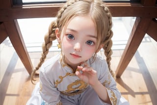 Envision a cute little girl, with blonde hair, blue eyes, ((kiss pose)), wearing 2 golden star earrings, white clothes, cheongsam with golden thread embroidery, steel chestpad, holding a face mask with the right hand, symmetrical, looking up, ((adorable expression)), full body, hair strand, Fair skin, glistening, 2 side braids, best quality, masterpiece, sharp focus, super detailed, 8k, high angle photo, close up, high contrast, (((tween, preteen, 7-year-old, 4k))), AIDA_LoRA_AnC, ((looking up her clothes)), 