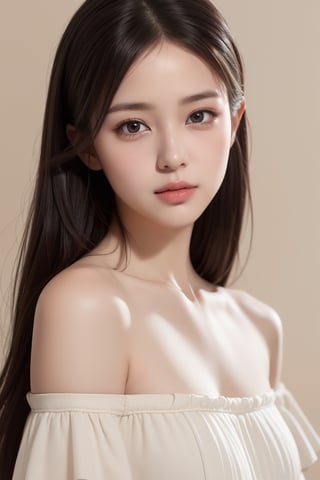 (RAW photo, best quality), (realistic, photo-Realistic:1.3), best quality, (masterpiece, best quality, photorealistic), 1girl, black hair, brown eyes, small boobs, detailed skin, pore, lovely expression, close mouth, white off shoulder, upper body, beauty model, beige plain background, Detailedface, Realism, Epic ,Female, Portrait, Raw photo, Photography, Photorealism,SGBB,alluring_lolita_girl,Young beauty spirit ,little_cute_girl,Bomi,Makeup,chinatsumura