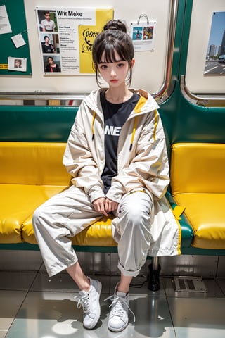 yellow_jacket, 1girl,  oversized_clothes , white_hair , sneakers , sitting inside a subway