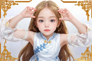 Envision a cute little girl, with blonde hair, blue eyes, ((kiss pose)), wearing 2 golden star earrings, white clothes, cheongsam with golden thread embroidery, steel chestpad, holding a face mask with the right hand, symmetrical, looking up, ((adorable expression)), full body, hair strand, Fair skin, glistening, 2 side braids, best quality, masterpiece, sharp focus, super detailed, 8k, high angle photo, close up, high contrast, (((tween, preteen, 7-year-old, 4k))), AIDA_LoRA_AnC, ((looking up her clothes)), 