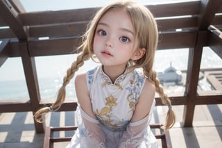 Envision a cute little girl, with blonde hair, blue eyes, ((kiss pose)), wearing 2 golden star earrings, white clothes, cheongsam with golden thread embroidery, steel chestpad, holding a face mask with the right hand, symmetrical, looking up, ((adorable expression)), full body, hair strand, Fair skin, glistening, 2 side braids, best quality, masterpiece, sharp focus, super detailed, 8k, high angle photo, close up, high contrast, (((tween, preteen, 7-year-old, 4k))), AIDA_LoRA_AnC, ((looking up her clothes)), 