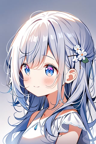 deyui, 1girl, solo, silver hair, blue eyes, eyes focus, portrait, looking at away, long hair, white dress, hair ornament, hair pin, flowers hairpin, white flowers, Blush, calm smile, closed mouth, upper body, simple background, masterpiece, best quality, very aesthetic, absurdres",