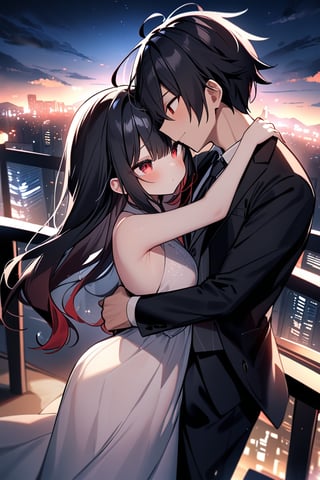 "{artist: kousaki ruri}, {artist: kedama milk}, One girl one boy, red eyes, black hair, girl:black long hair, red eyes, girl dreamy, 😯,party dress ,boy:black suit, boy Cool face, closed mouth, black hair, red eyes,hug, rooftop, night city background, masterpiece, best quality, very aesthetic, absurdres",