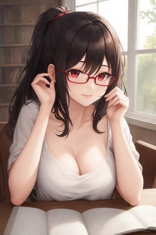 (Masterpiece:1.3), (Best Quality:1.3), (high resolution), (intricate details), (toned), uhd, (ultra_detailed)), (perfect face), (cute face), 1girls, black long pony tail, big round red eyes, reading, looking book, indoors, on library, Blush, makeup, thighs, light rays, glow, collarbone, narrow waist, wallpaper, blush, calm smile, reading book, eyeliner, glasses, casual clothes, hag hands on the table, window, Ray tracing, cinematic lighting, light through glass