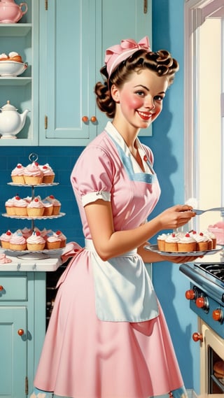 Norman Rockwell art, ultra detailed illustration in soft pastel colors, a beautiful and elegant housewife baking cakes, soft, cute smile, shabby chic livingroom environment, best quality, centered image, MSchiffer, inspired by the 1950s ((flat colors)) ((low saturation)) pink, white, blue, vintage