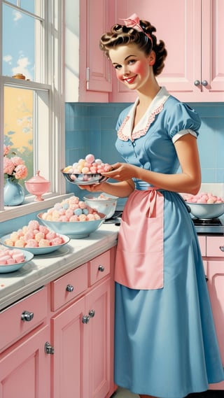 Norman Rockwell art, ultra detailed illustration in soft pastel colors, a beautiful and elegant housewife making candies, soft, cute smile, shabby chic livingroom environment, best quality, centered image, MSchiffer, inspired by the 1950s ((flat colors)) ((low saturation)) pink, white, blue, vintage