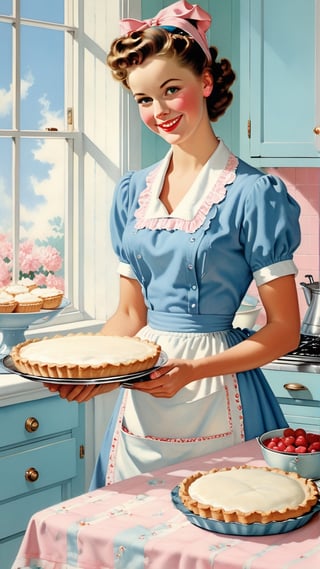 Norman Rockwell art, ultra detailed illustration in soft pastel colors, a beautiful and elegant housewife baking pies, soft, cute smile, shabby chic livingroom environment, best quality, centered image, MSchiffer, inspired by the 1950s ((flat colors)) ((low saturation)) pink, white, blue, vintage