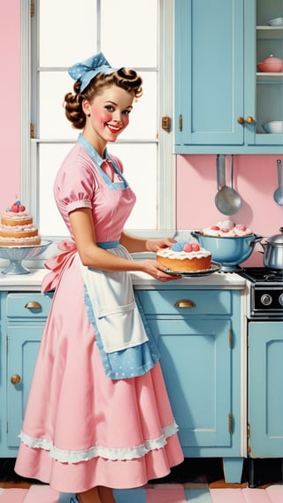 Norman Rockwell art, ultra detailed illustration in soft pastel colors, a beautiful and elegant housewife baking cakes, soft, cute smile, shabby chic livingroom environment, best quality, centered image, MSchiffer, inspired by the 1950s ((flat colors)) ((low saturation)) pink, white, blue, vintage