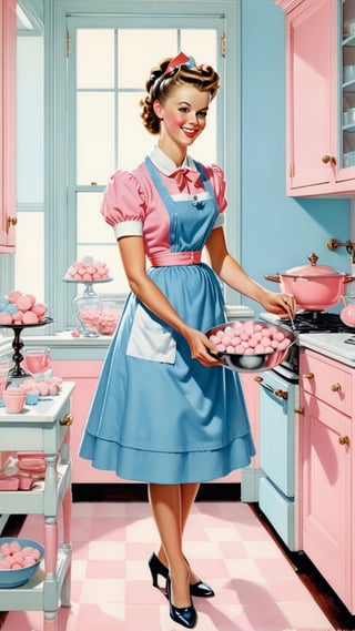 Norman Rockwell art, ultra detailed illustration in soft pastel colors, a beautiful and elegant housewife making candies, soft, cute smile, shabby chic livingroom environment, best quality, centered image, MSchiffer, inspired by the 1950s ((flat colors)) ((low saturation)) pink, white, blue, vintage