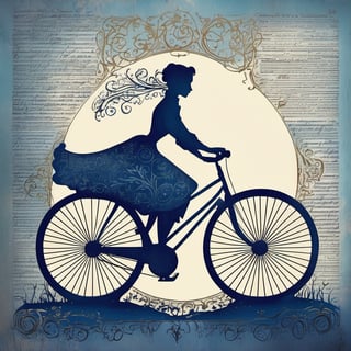 frozen effect, snow falling,
art by Marko Manev, cursive writing, vintage text,
(Calligraphy made of newspaper:1.8), gilded motifs and ornate borders, elegant, flowing, Illuminated manuscript, miniature painting, untied hair,
Faded decoupage portrait silhouette of a woman riding a bicycle, 

faded vibrant colors,

dark-blue tones, 
highly detailed, intricate details, masterpiece, 