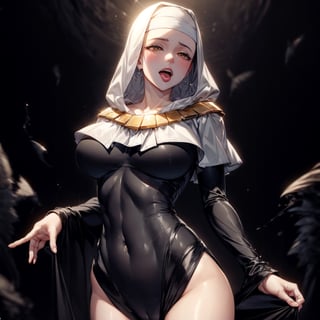 ((masterpiece:1.4, best qualit:1.4, high resolution:1.4)), , , Kiara, habit, nun, black dress, jewlery, yellow eyes, detailed lips, (hands clasped, hands together), blush, cowboy shot, heavy breath, steaming background, steam, breathing, mature woman, frontal view:1.2, medium breasts, tongue out, open mouth, covered navel, curvy