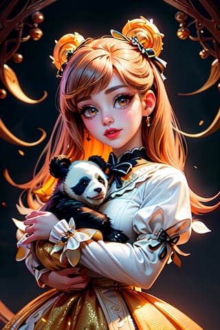 (masterpiece, best quality), (absurdres:1.3), (ultra detailed, ultra high resolution:1.1), 8K, UHD, hyper realistic, photorealistic:1.37, beautiful detailed eyes, beautiful detailed lips, juicy lips, (classic costume lolita :1.5), bright smile, ((holding a cute baby panda bear)), magical aura, powerful aura, mist, whimsical and colorful sun, sunbeams peeking through the trees, soft, dappled light, peaceful atmosphere, magical creature, sparkling fairy dust, soft glow, chinese ink painting, color matching, vibrant tones, intense colors, vibrant colors, chromatic aberration, epic light, beautiful volumetric lighting, bokeh, sharp focus, intricate dreamscapes and hyperrealistic, hyperrealism (bright eyes: 1.3, sensual makeup with orange tones and golden glitter), art by Jean-Gabriel Domergue, a very beautiful, sensual, cheerful woman, ((25-year-old woman)), perfect body with ideal proportions , very strong features, very long eyelashes, a detailed painting in ultra high definition, shiny, beautiful, splattered, shimmering, filigree, edge lighting, extremely fluffy, magical, surreal, fantasy, fairy tale, digital art, by wlop, by artgerm, (junji ito style: 1.3), (Andrei Belichenko style: 1.3), (extra wide shot: 1.6), soft skin, hyperrealistic background,more detail ,photorealistic