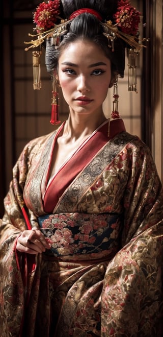 (RAW photo, best quality), (realistic, photo-Realistic:1.3),
stunning courtesan (oiran) in traditional Japanese attire, embodying the grace and beauty of a flower. Envision an intricately adorned kimono featuring vibrant and intricate floral patterns,The hairstyle should be an elaborate arrangement, perhaps with traditional kanzashi hair ornaments. Incorporate subtle makeup, delicate accessories, and a serene expression that captures the elegance associated with a flower courtesan,Ensure the backdrop reflects a refined, traditional setting, enhancing the overall aesthetic of this captivating,Oiran,Exquisite face, perfect body with ideal proportions, very marked and outlined facial features, perfect big eyes with very long eyelashes, juicy lips, cyberpunk, neon lights, sharp focus, bokeh, intricate, beautiful volumetric lighting, epic light, intense and vibrant colors, chromatic aberration,cyborg ,BJ_Oil_painting,photorealistic