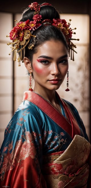 (RAW photo, best quality), (realistic, photo-Realistic:1.3),
stunning courtesan (oiran) in traditional Japanese attire, embodying the grace and beauty of a flower. Envision an intricately adorned kimono featuring vibrant and intricate floral patterns,The hairstyle should be an elaborate arrangement, perhaps with traditional kanzashi hair ornaments. Incorporate subtle makeup, delicate accessories, and a serene expression that captures the elegance associated with a flower courtesan,Ensure the backdrop reflects a refined, traditional setting, enhancing the overall aesthetic of this captivating,Oiran,Exquisite face, perfect body with ideal proportions, very marked and outlined facial features, perfect big eyes with very long eyelashes, juicy lips, cyberpunk, neon lights, sharp focus, bokeh, intricate, beautiful volumetric lighting, epic light, intense and vibrant colors, chromatic aberration,cyborg ,BJ_Oil_painting,photorealistic