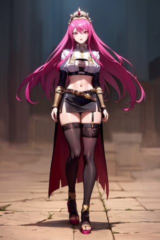 an accurate and detailed full body shot of a young adult female character named Rosaltis, a determined and mysterious aura, (Long flowing magenta hair with pink highlights:1.5), violet-indigo eyes, Seductive makeup, defined lips, (Imperial Veil Crown:1.3), (a white high collar crop top:1.7), (a gothic lace corset underneath crop top:1.4), (Long black opera gloves:1.1), (gold bracers:1.2), (A long black slit-skirt:1.3), Fishnet stockings, Red and gold garter belts, (knee-high Soft-knit wedge heels:1.2), A black belt with various trinkets, Flowing red ribbons, gold accent jewelry, masterpiece, high quality, 4K, rosaria(genshin impact), jessie pokemon, Altair Recreators,