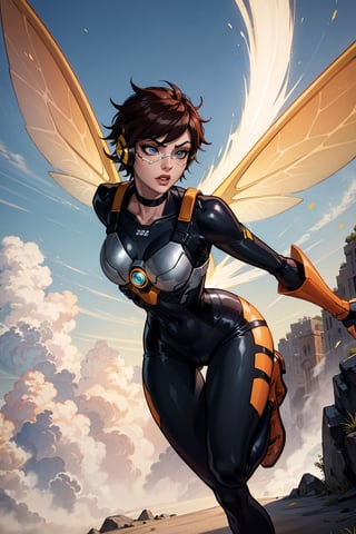 Create an accurate and detailed full-body flying pose of a female character Jena, Petite powerhouse, wears a burnt-orange flight suit, Sleeveless black and yellow striped corset top, Orange goggles on her head, Short spiky dark brown pixie cut hairstyle, Transparent orange and yellow insect-wings, a blend of chronal energy and insect grace, White gauntlet Wrist stingers crackle with bio-electric punch, Black leggings, Yellow knee-high running boots with black accents, Silver circular belt buckle, masterpiece, super detail, 4K, wasp, short hair, blue eyes, choker, headphones,gloves, elbow gloves, makeup, tracer_overwatch, goggles, jacket, orange goggles, bodysuit, bomber jacket, harness, chest harness, orange bodysuit, wasp,tracer_overwatch,nsfw